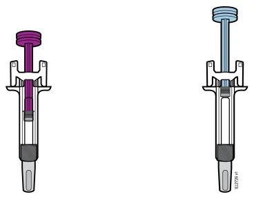 Diagram of two pre-filled syringes with purple and light blue plungers and transparent barrels with gray base on a white background