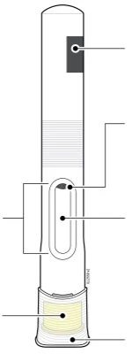 Technical diagram of a pen-shaped medical device with reference lines pointing to specific components