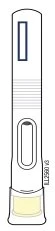 White pen-shaped medical device with a rectangular upper window, a ribbed central zone, and an oval lower window