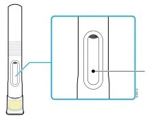 Technical diagram of a pen-shaped medical device with an enlargement showing an oval control window with a dark indicator inside