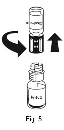 Diagram showing pouring the contents of a solvent vial into a vial containing powder for drug reconstitution