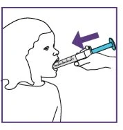 Disegno lineare di una mano che inserisce l'estremità di una siringa senza ago nella bocca aperta di un bambino con una freccia viola indicatrice