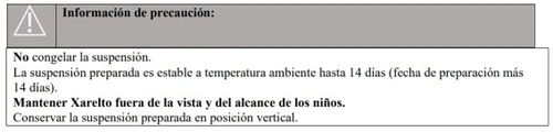 Riquadro grigio con simbolo di avvertimento e testo in spagnolo che indica di non congelare la sospensione e di tenerla fuori dalla portata dei bambini