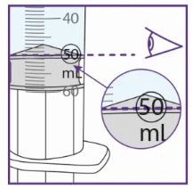 Diagramma di una siringa con liquido che raggiunge la tacca dei 50 ml con un ingrandimento del menisco che mostra la lettura precisa