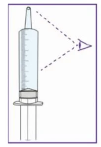 Diagramma di una siringa con liquido all'interno e linee tratteggiate che indicano l'occhio che osserva il livello del dosaggio