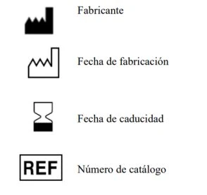 Icone nere e bianche con scritte in spagnolo: fabbrica per produttore, fabbrica vuota per data produzione, clessidra per scadenza e REF per codice catalogo