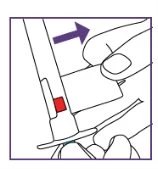 Una mano sposta lateralmente una protezione rettangolare da un dispositivo medico con una freccia viola che indica la direzione del movimento