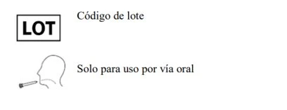 Simbolo con la scritta LOT in un riquadro accanto alla dicitura Código de lote e profilo di una testa umana con una pillola vicino alla bocca e la scritta Solo para uso por vía oral
