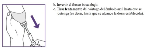Disegno tecnico di una mano che tiene una siringa con una freccia viola rivolta verso il basso che indica il movimento di aspirazione del farmaco