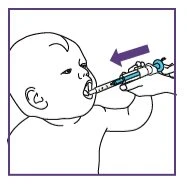 Disegno lineare di un neonato con una siringa senza ago inserita nella bocca per somministrare un farmaco orale indicato da una freccia