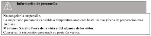 Riquadro grigio con simbolo di avvertimento e testo in spagnolo su conservazione e stabilità della sospensione di Xarelto per 14 giorni