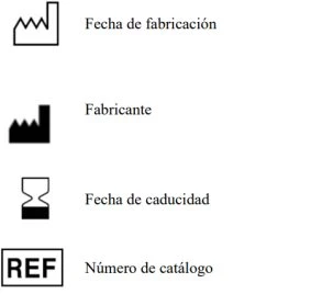 Simboli grafici per data di fabbricazione, produttore, data di scadenza e numero di catalogo con relative scritte in spagnolo su sfondo bianco