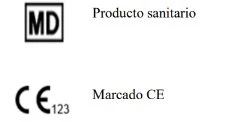Simbolo MD in un quadrato nero accanto alla scritta Producto sanitario e marchio CE con numero 123 accanto a Marcado CE