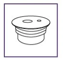 Disegno tecnico in bianco e nero di un contenitore cilindrico con base larga e parte superiore a forma di disco con due fori circolari
