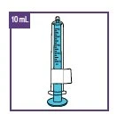 Disegno di una siringa azzurra da 10 ml con scala graduata nera e pistone bianco su sfondo chiaro con bordo viola