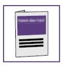 Un libretto informativo per il paziente con copertina bianca e una fascia rettangolare viola con scritte sfocate e righe nere sottostanti