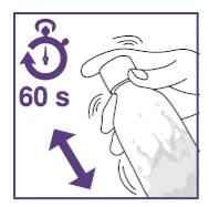 Disegno stilizzato di una mano che agita un flacone con un movimento oscillante accanto a un cronometro con la scritta 60 s