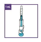 Siringa graduata da 1 mL con liquido azzurro all'interno e indicazione della capacità nel riquadro viola in alto a sinistra