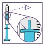 Diagramma di una siringa con ingrandimento circolare che mostra in dettaglio il pistone azzurro e le tacche graduate del cilindro