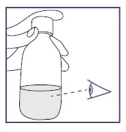 Una mano tiene una boccetta di vetro contenente un liquido e un occhio osserva il livello del contenuto attraverso una linea tratteggiata