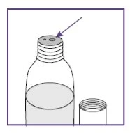 Disegno tecnico di un flaconcino di vetro con liquido all'interno e il tappo rimosso accanto, con una freccia che indica il foro sul collo del contenitore