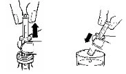 Technical drawing showing two phases: a hand lifting a cylindrical component towards the