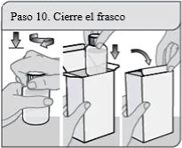 Three illustrations showing hands closing a vial by placing it into a cardboard container and closing the top flap