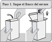 Technical drawing illustrating two steps for removing a vial from a cardboard box using hands lifting the container and product