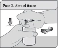 Two hands opening a vial by turning the cap clockwise, indicated by a curved arrow and a downward arrow above the container