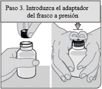 Two illustrations showing hands placing a black adapter onto the neck of a medical vial for drug preparation