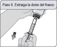 Illustration of a hand holding an inverted vial above a syringe to withdraw the dose, with an arrow indicating downward movement