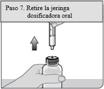 A hand vertically lifting an oral dosing sy游戏副本 from a glass vial held by another hand