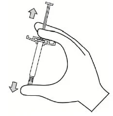 A hand holding a syringe with arrows indicating the movement of pushing the plunger forward