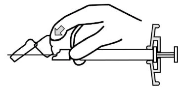 Black and white drawing of a hand pressing the cap of a syringe downward to remove it from the