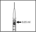 Technical drawing of a syringe with the needle pointing toward the