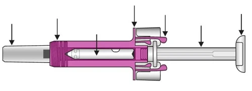 Diagramma tecnico di una siringa preriempita con corpo fucsia, ago metallico, pistone bianco e frecce nere che indicano i vari componenti