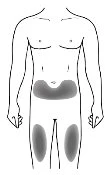 Disegno schematico di un corpo umano maschile con aree grigie evidenziate sull'addome e sulla parte superiore delle cosce