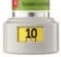 White vial with a yellow label displaying the number 10 in black and a cap with a green band on a white background