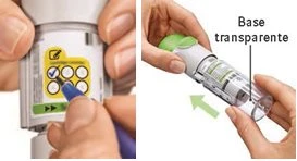 Two images showing hands using a medical device: one checking a circle on a