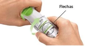Hands holding and rotating a medicine vial with black arrows indicating the direction of movement for