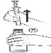 Disegno tecnico che mostra una siringa con ago inserita in un flaconcino di vetro con una freccia nera rivolta verso l'alto