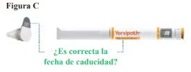 Diagramma medico con una penna iniettiva Yorvipath e un cappuccio bianco separato con una domanda in spagnolo sulla data di scadenza