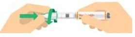 Due mani tengono una penna iniettiva bianca e arancione con frecce verdi che indicano il movimento di rotazione per la preparazione del farmaco