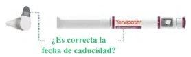 Diagramma che mostra un dispositivo medico Yorvipath con un cappuccio separato e la domanda in spagnolo sulla correttezza della data di scadenza