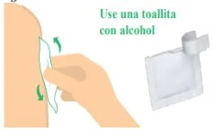 Una mano usa una salvietta imbevuta di alcol per pulire la pelle del braccio con movimenti verso l'alto e verso il basso indicati da frecce verdi