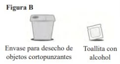 Contenitore bianco per rifiuti taglienti accanto a una bustina di salvietta imbevuta di alcol su sfondo bianco con scritte in spagnolo e italiano