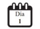 Icona nera di un calendario con tre anelli superiori e la scritta Día 1 al centro su sfondo bianco