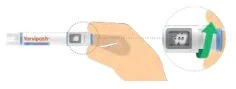 A hand holds a Varsipath medical device with a magnified inset showing a green arrow pointing toward the