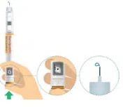 A hand holds a pre-filled syringe with magnified details on the base and tip of the