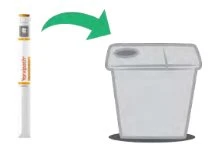 A white injectable pen is inserted into a medical waste disposal container via a curved green arrow